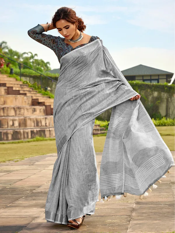 Grey linen silk saree