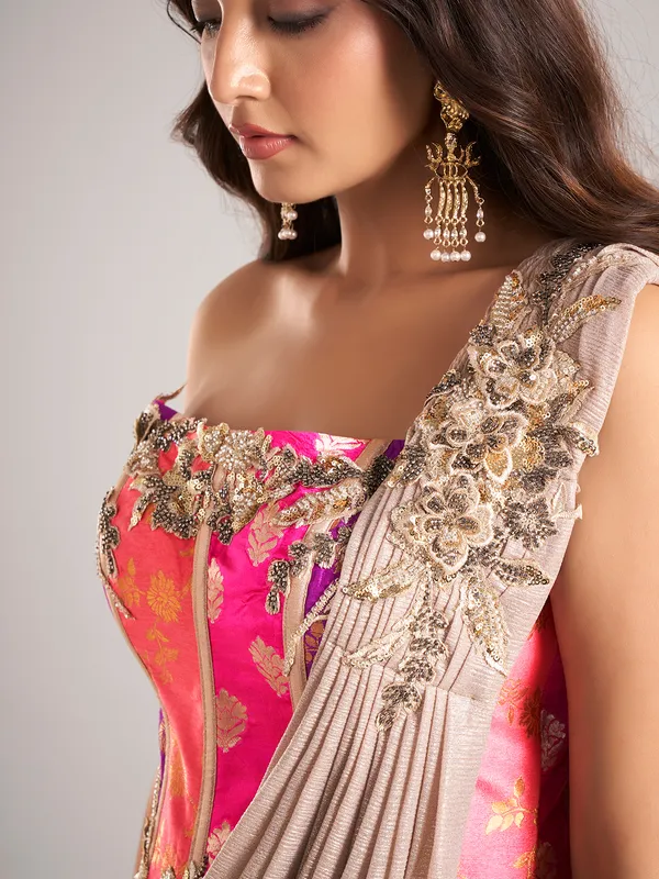 Grey lycra designer ready to wear saree