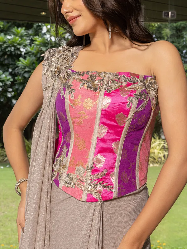 Grey lycra designer ready to wear saree for women