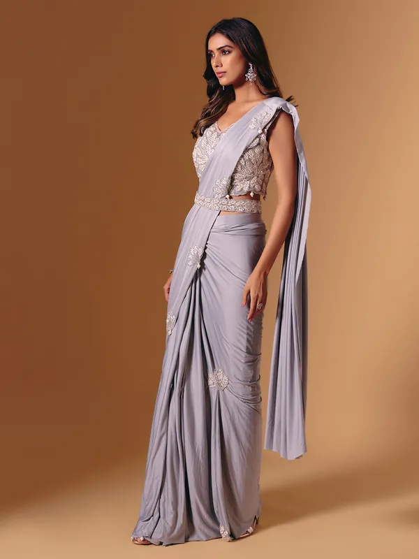 Grey lycra saree with pearl and cutdana detailing