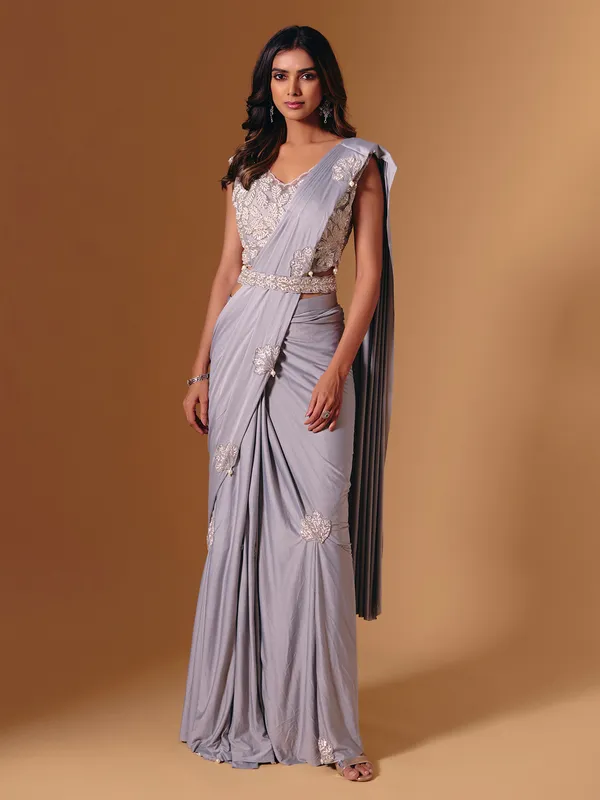 Grey lycra saree with pearl and cutdana detailing