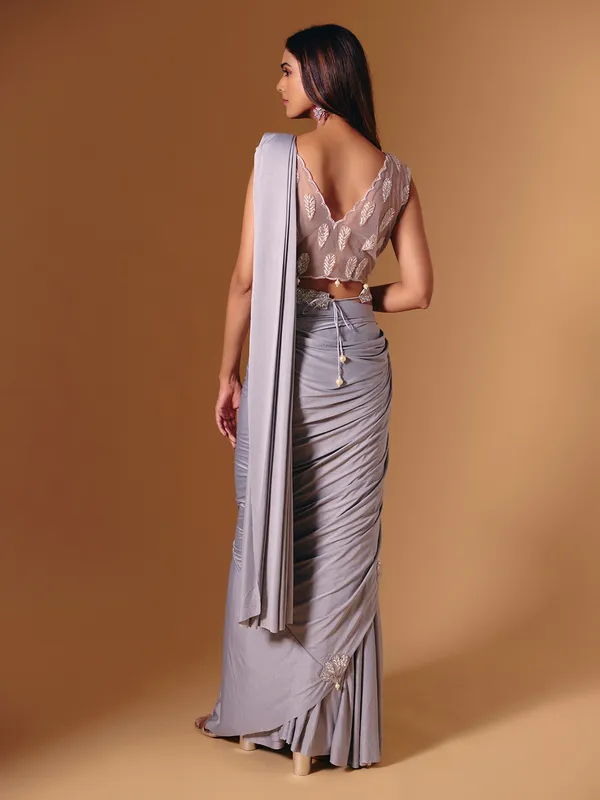 Grey lycra saree with pearl and cutdana detailing