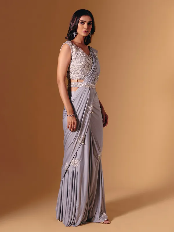 Grey lycra saree with pearl and cutdana detailing