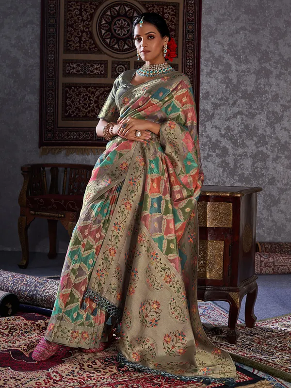 Grey minakari zari woven saree in silk