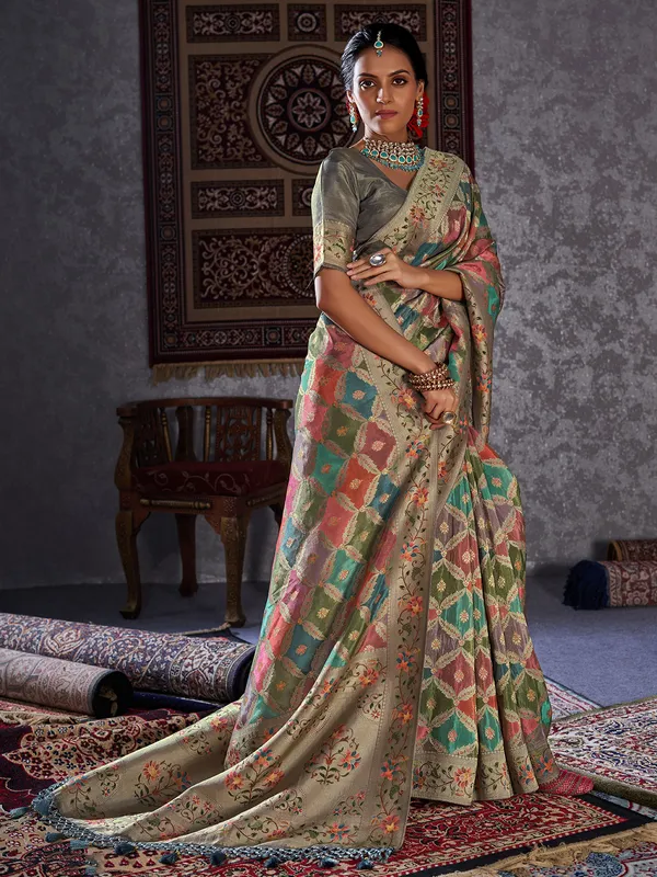 Grey minakari zari woven saree in silk