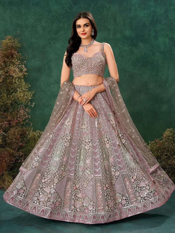 Grey net lehenga choli for wedding with sequins work