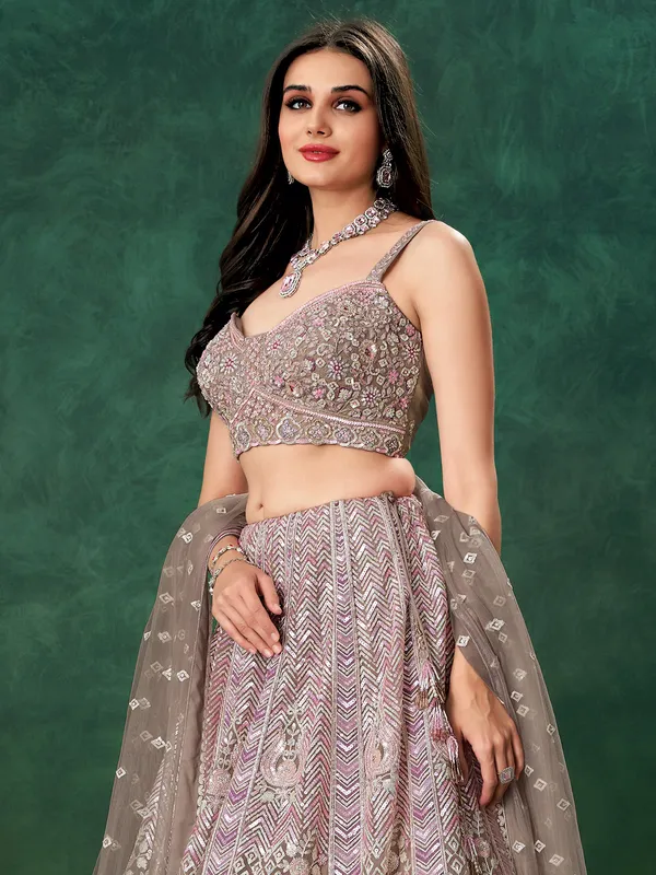 Grey net lehenga choli for wedding with sequins work