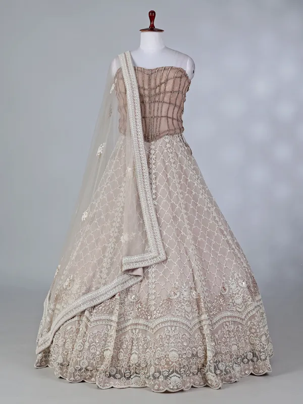 Grey net sequin and cutdana lehenga choli for wedding wear
