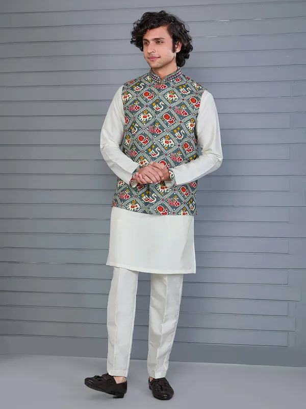 Grey off white bandhej printed viscose silk waistcoat set