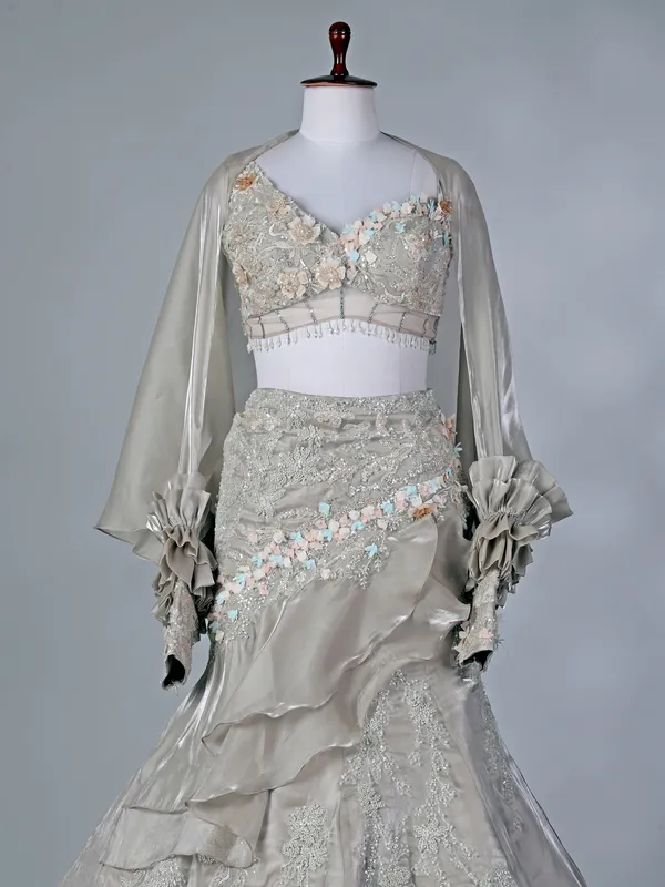 Grey organza designer lehenga choli for weddings