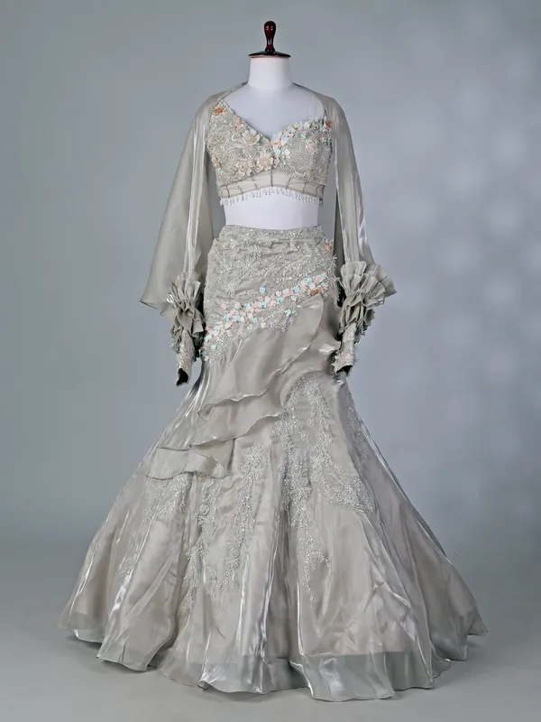 Grey organza designer lehenga choli for weddings