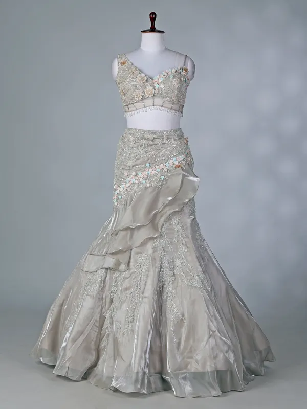 Grey organza designer lehenga choli for weddings