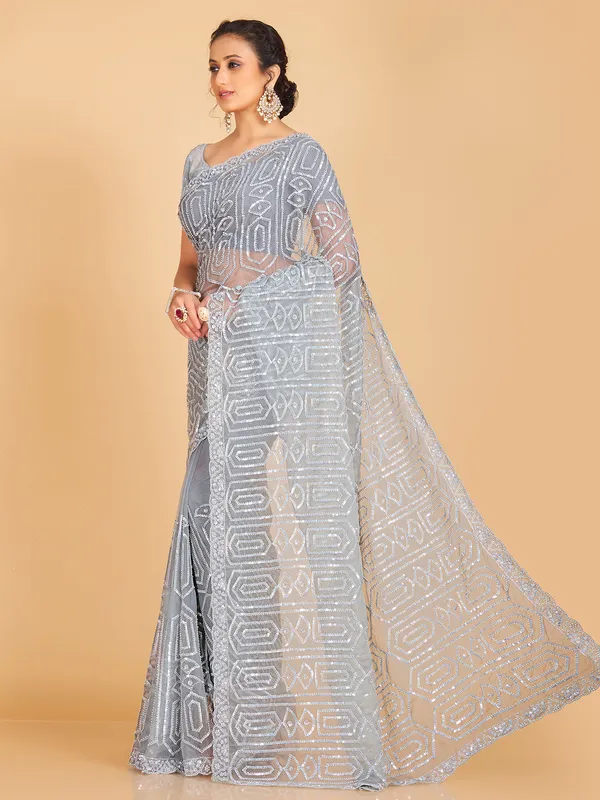 Grey organza designer saree