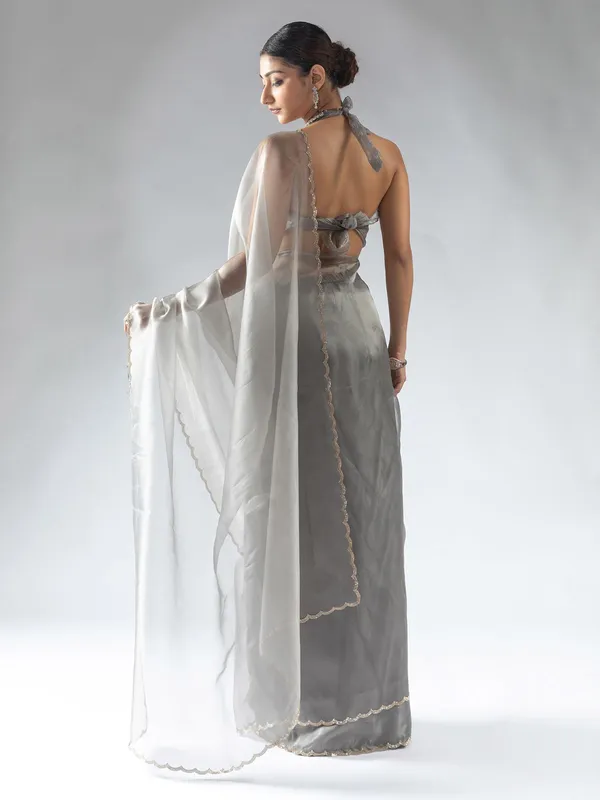 Grey organza redy to wear saree for women