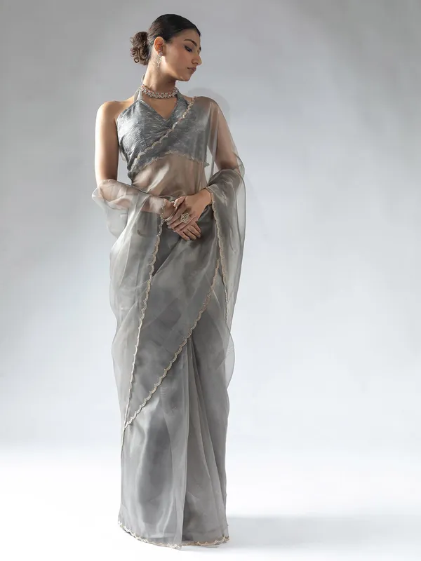 Grey organza redy to wear saree for women