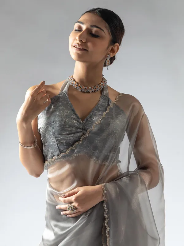 Grey organza redy to wear saree for women
