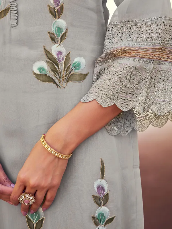 Grey organza salwar suit with cutwork
