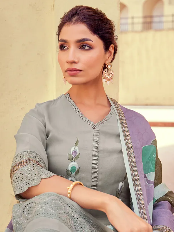 Grey organza salwar suit with cutwork