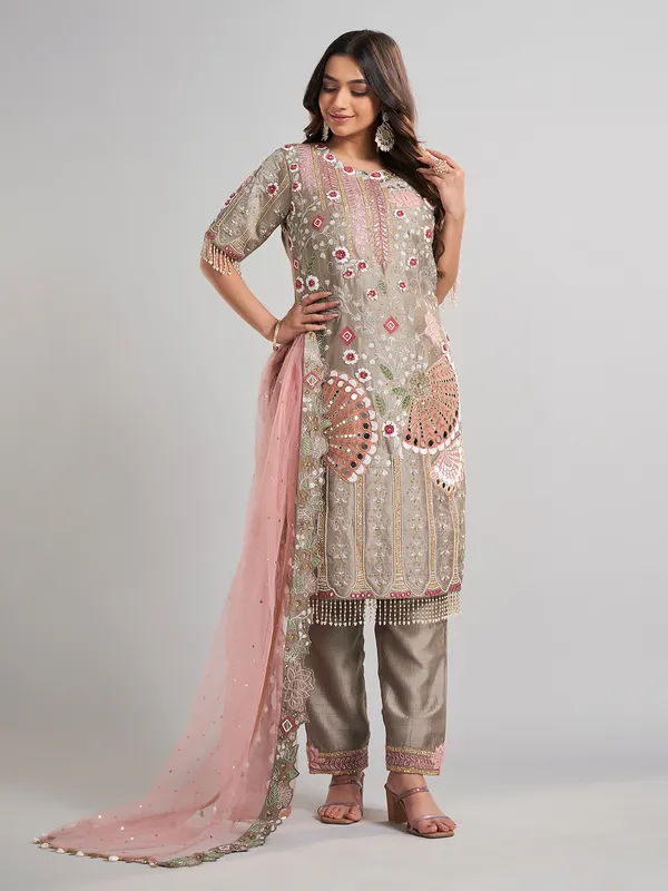 Grey pakistani silk salwar suit with dupatta
