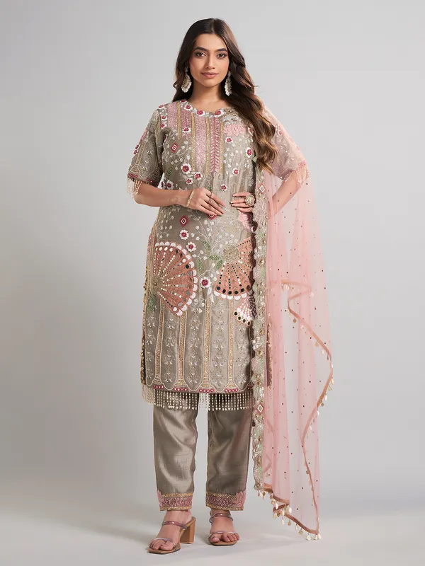Grey pakistani silk salwar suit with dupatta