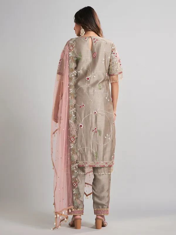 Grey pakistani silk salwar suit with dupatta