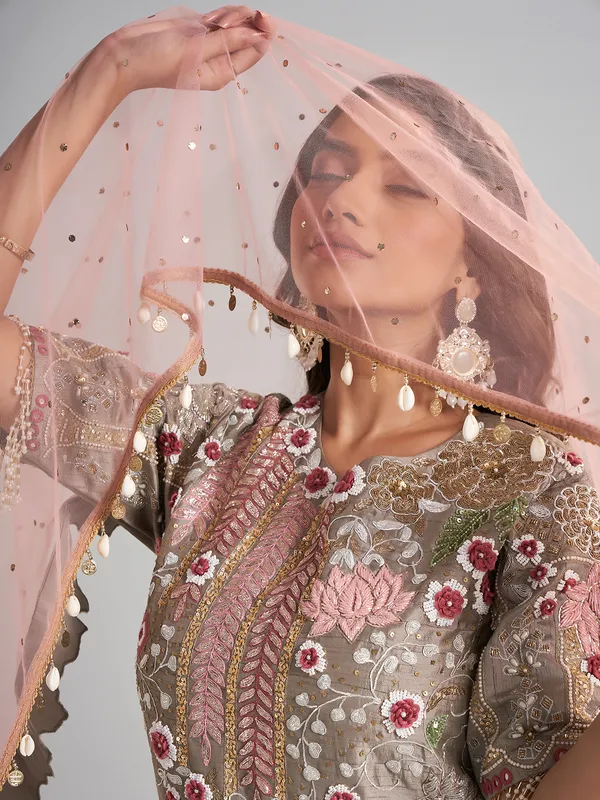 Grey pakistani silk salwar suit with dupatta