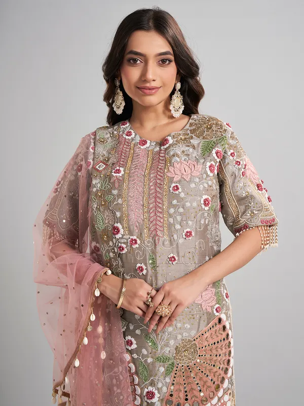 Grey pakistani silk salwar suit with dupatta