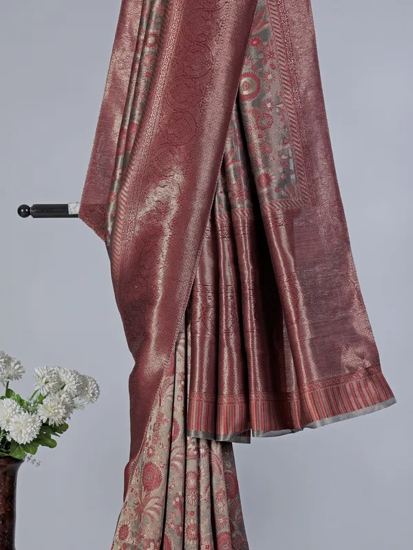 Grey pashmina silk saree with zari motifs design