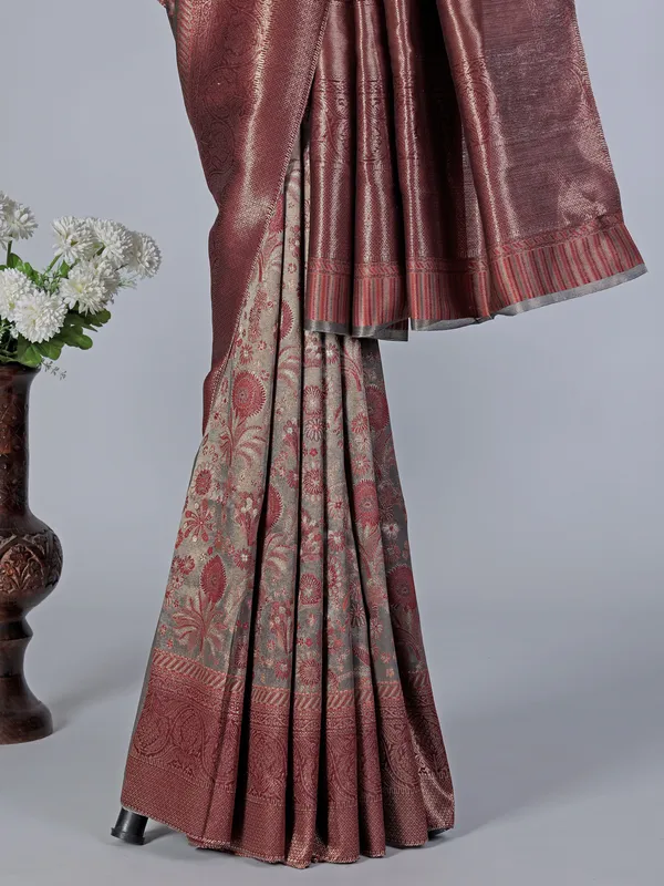Grey pashmina silk saree with zari motifs design