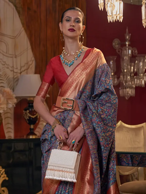 Grey pashmina silk saree with zari weaving