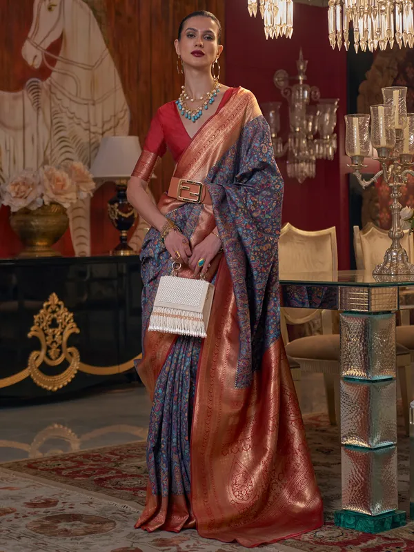 Grey pashmina silk saree with zari weaving