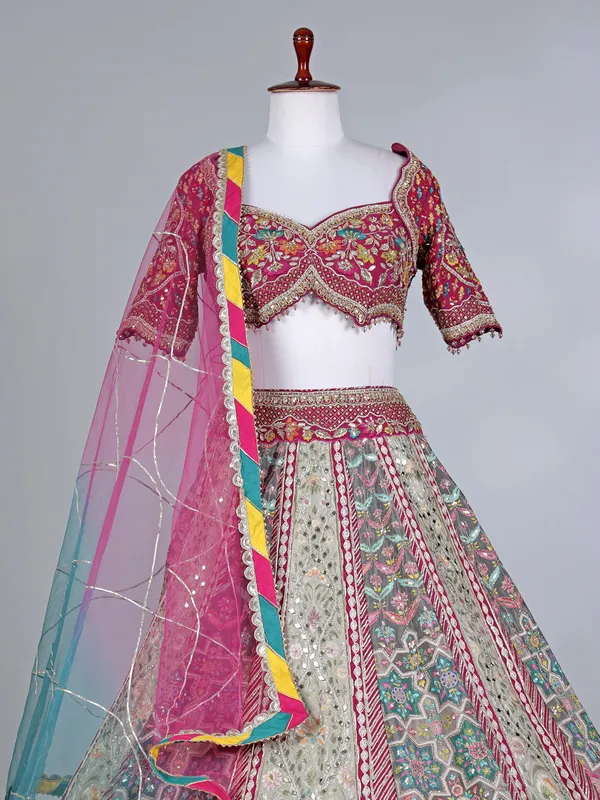 Grey pink silk bridal lehenga choli with beads work