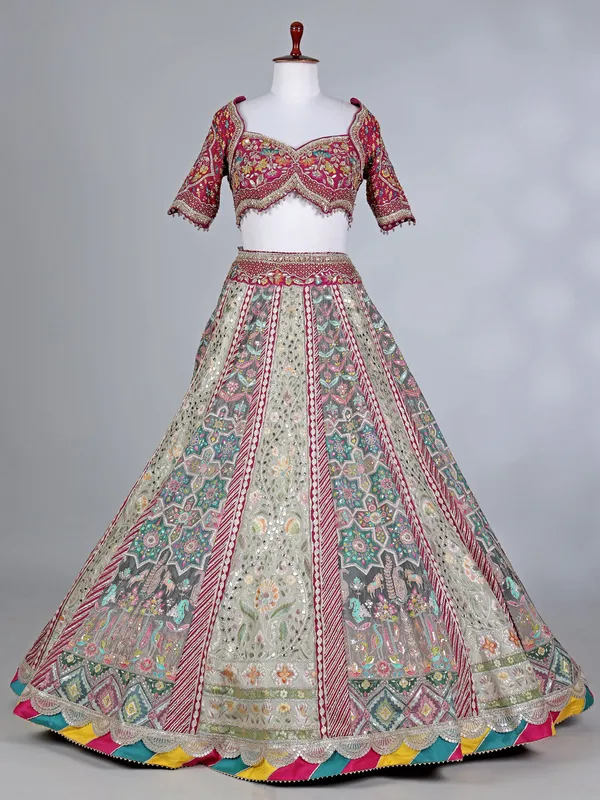 Grey pink silk bridal lehenga choli with beads work
