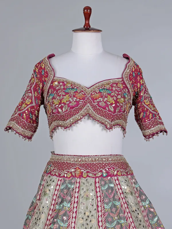 Grey pink silk bridal lehenga choli with beads work