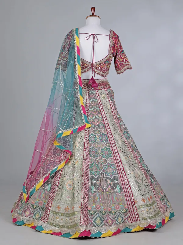 Grey pink silk bridal lehenga choli with beads work