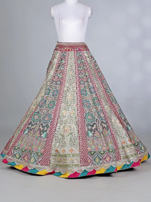 Grey pink silk bridal lehenga choli with beads work