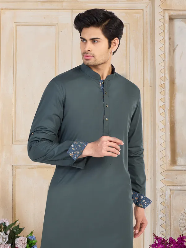 Grey plain  Men Kurta pajama in cotton