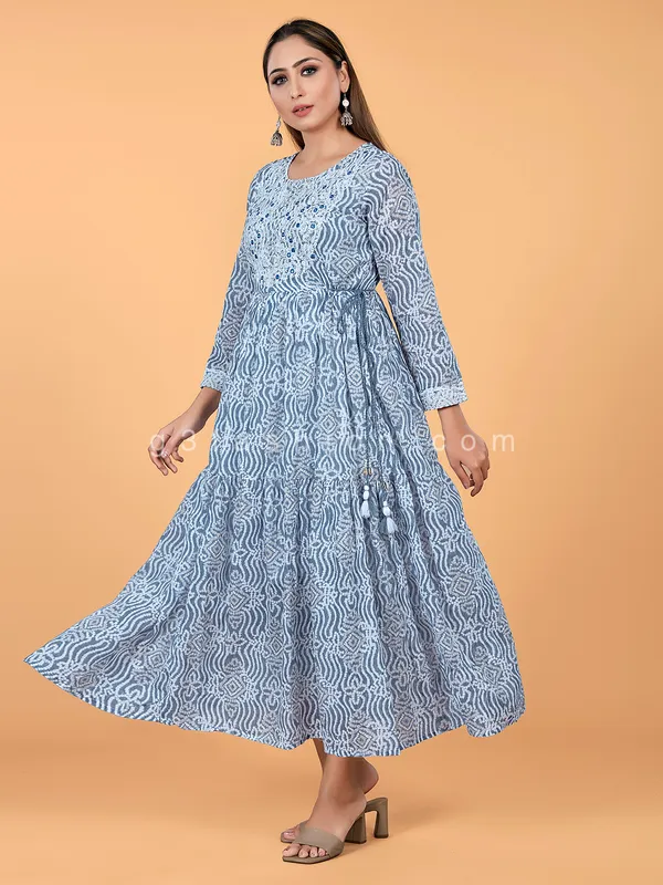 Grey printed anarkali style cotton kurti