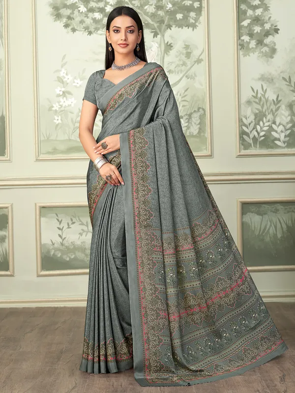 Grey printed casual wear crepe saree