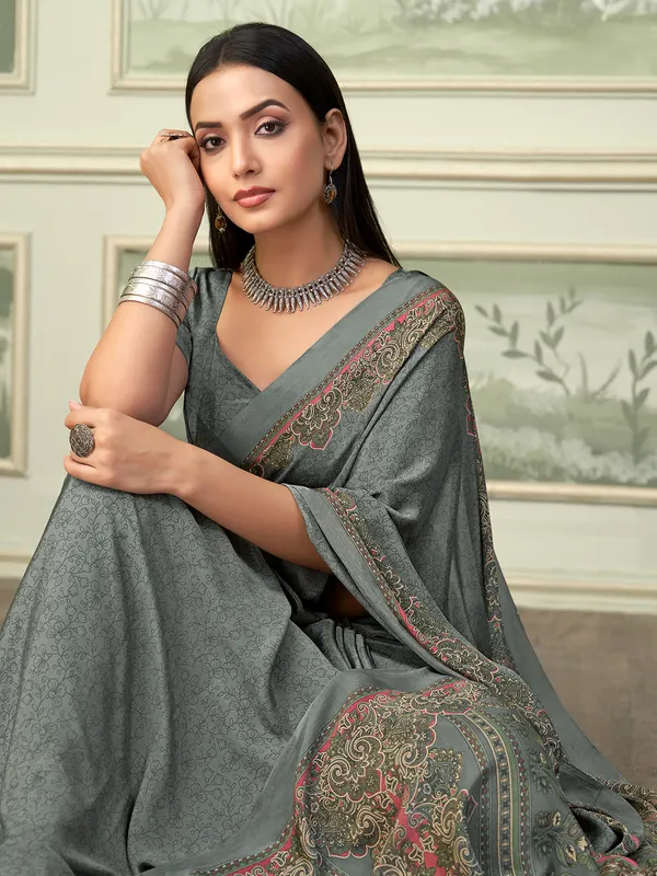Grey printed casual wear crepe saree