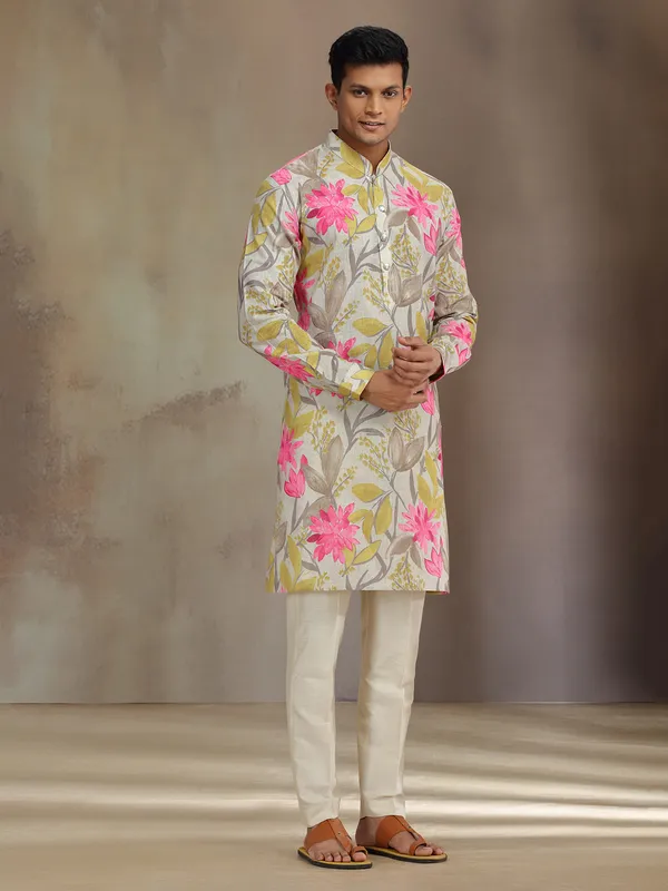 Grey printed cotton linen kurta suit for festive wear