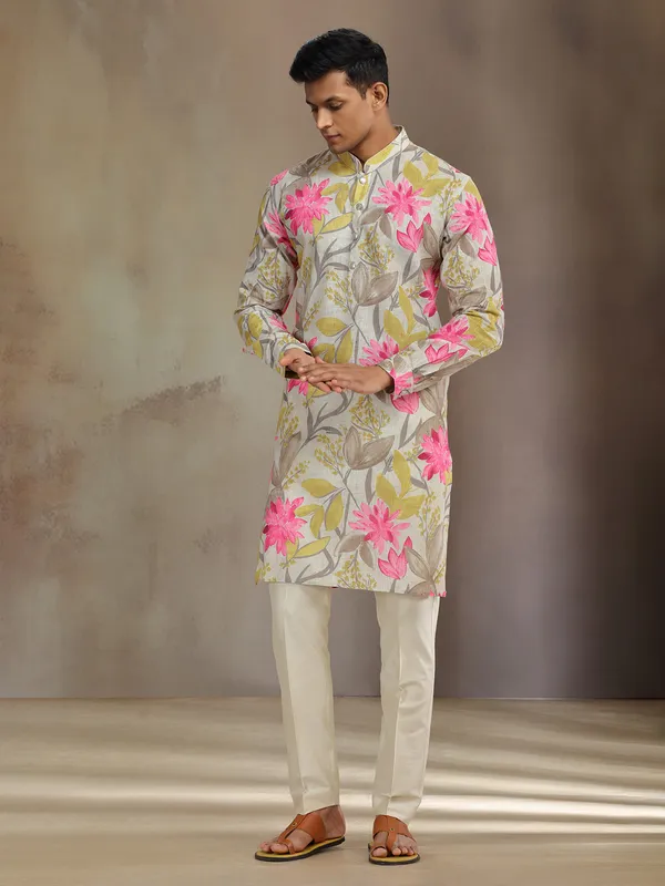 Grey printed cotton linen kurta suit for festive wear