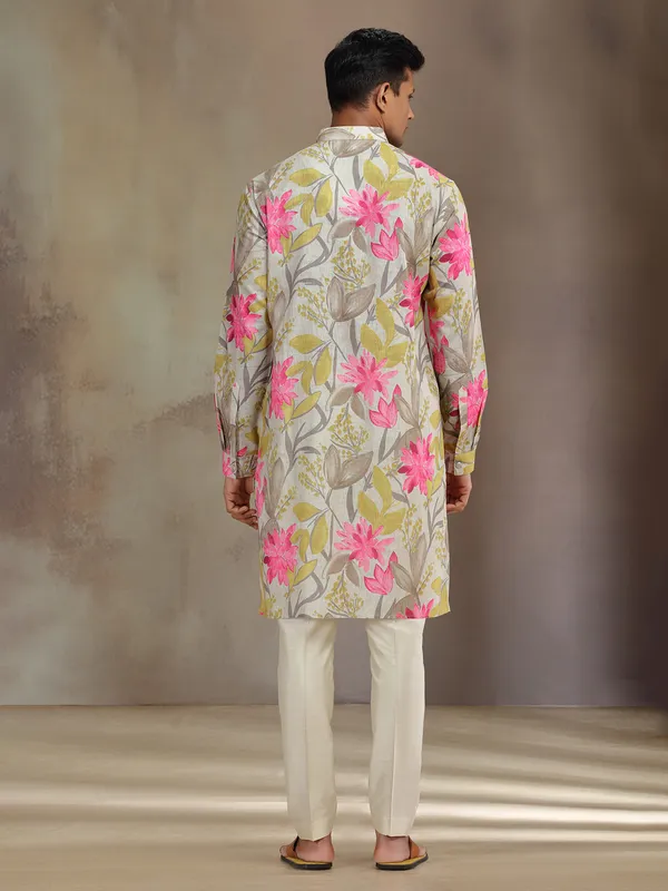 Grey printed cotton linen kurta suit for festive wear
