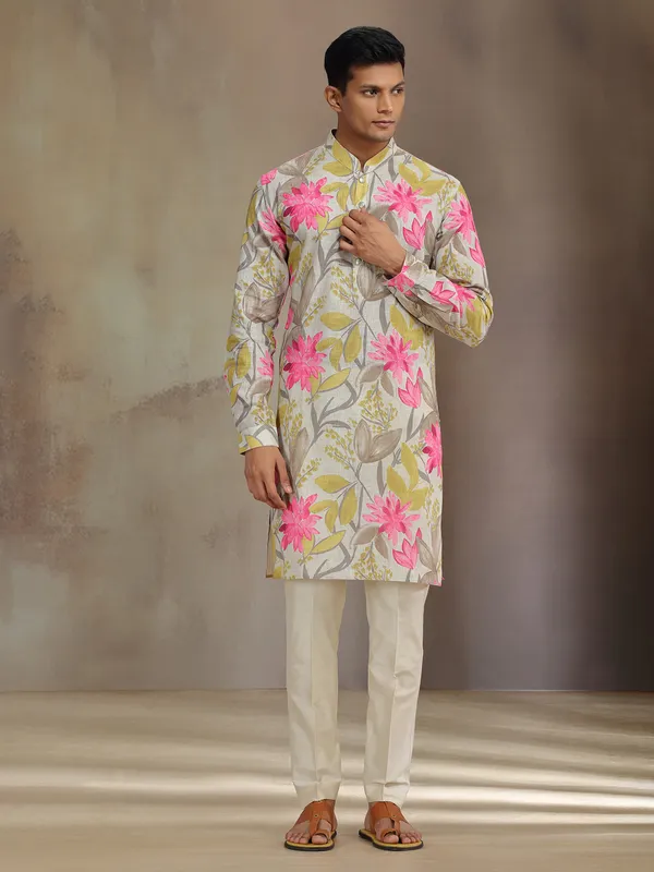 Grey printed cotton linen kurta suit for festive wear