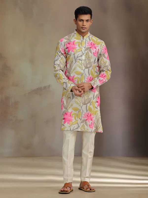 Grey printed cotton linen kurta suit for festive wear