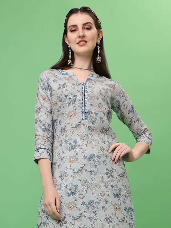 Grey printed linen kurti for casual