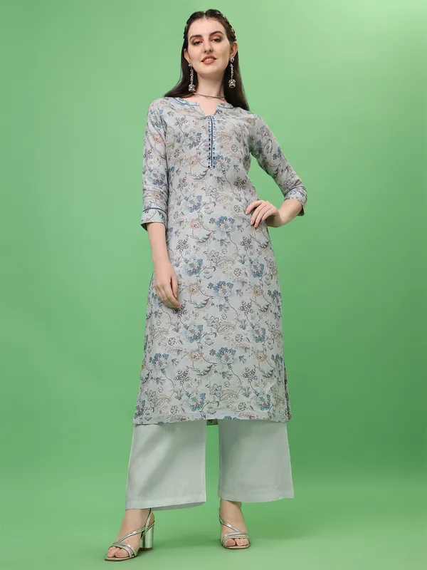 Grey printed linen kurti for casual