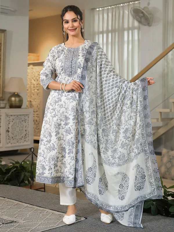 Grey printed cotton kurti set for women