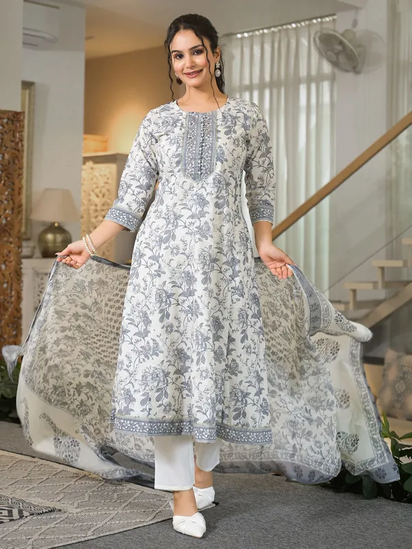 Grey printed cotton kurti set for women