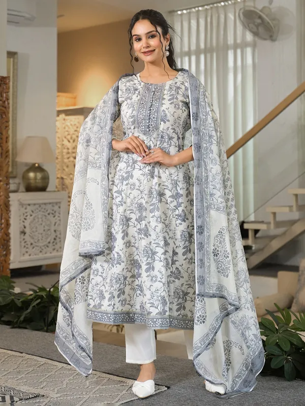 Grey printed cotton kurti set for women